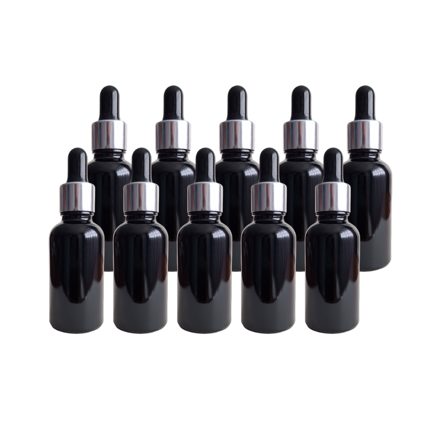 Kit de 10 Botellas Color Negro de Vidrio de 30ml con Gotero de Pipeta, Tapa Plateada y Embudo Azul de Regalo