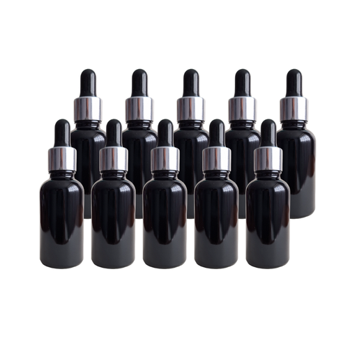 Kit de 10 Botellas Color Negro de Vidrio de 30ml con Gotero de Pipeta, Tapa Plateada y Embudo Azul de Regalo